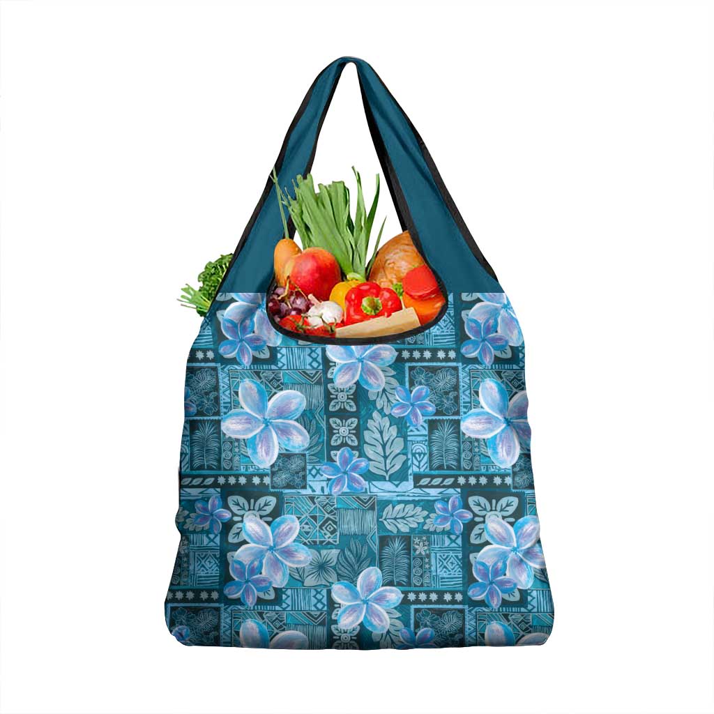Cyan Hawaii Plumeria With Tropical Flowers Motifs Grocery Bag