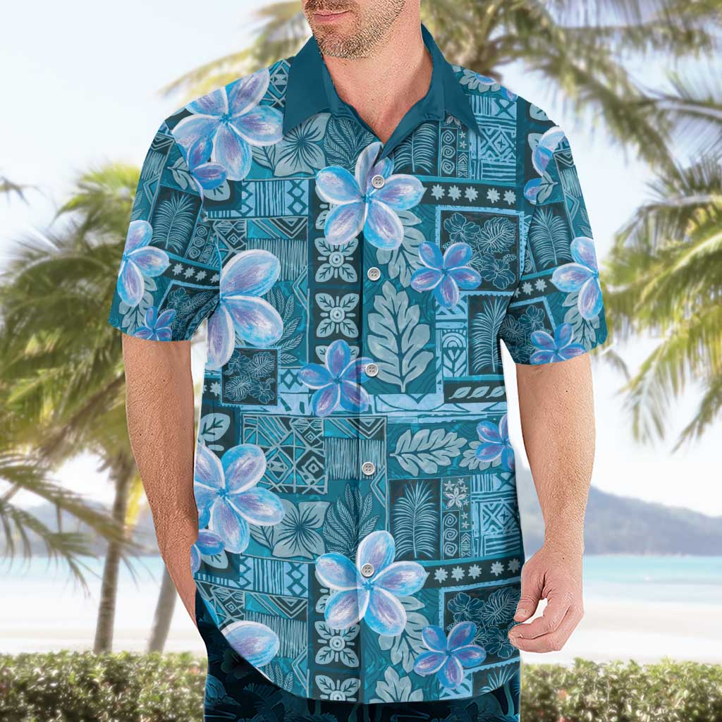 Cyan Hawaii Plumeria With Tropical Flowers Motifs Hawaiian Shirt