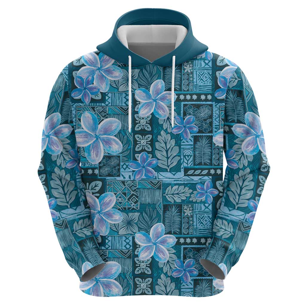 Cyan Hawaii Plumeria With Tropical Flowers Motifs Hoodie
