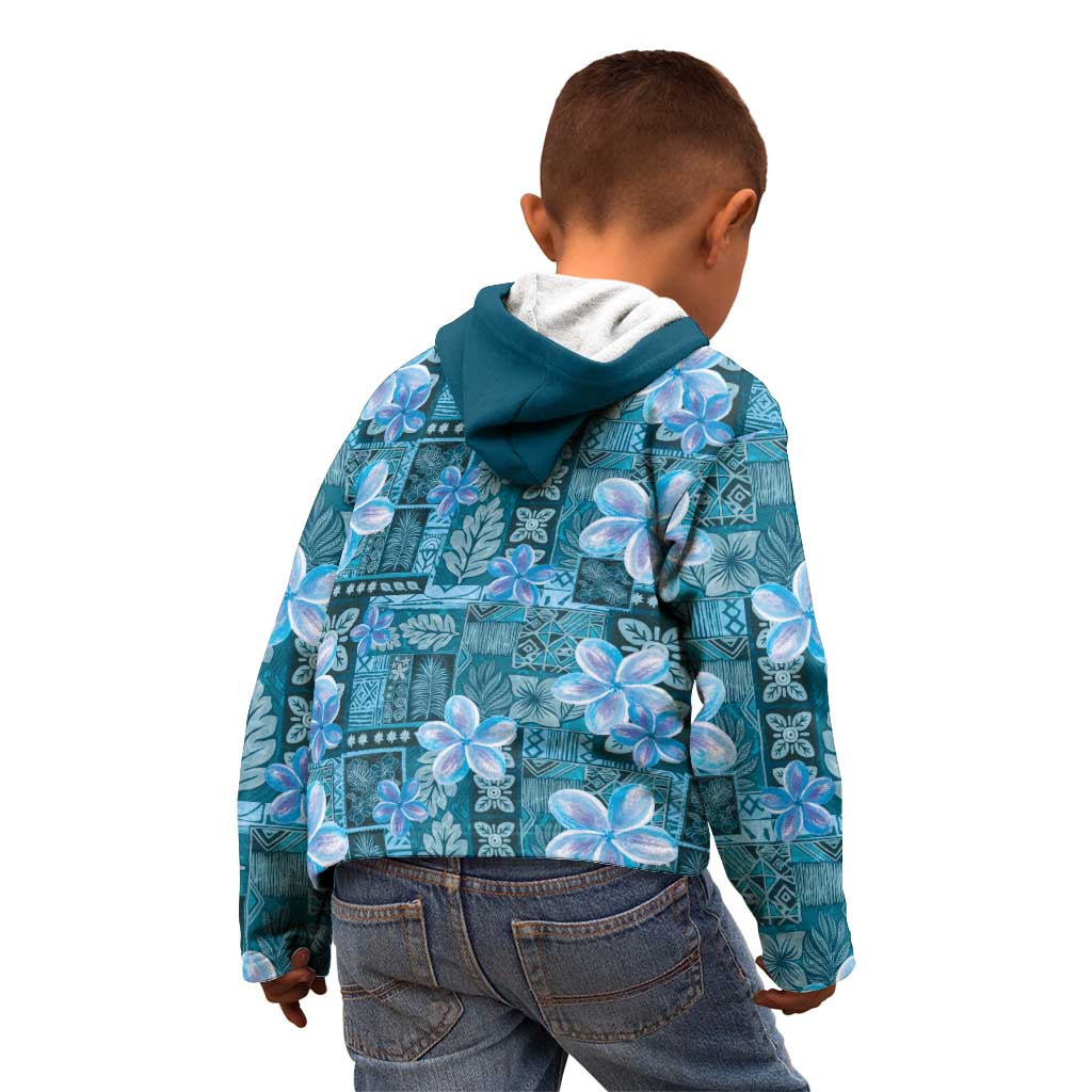Cyan Hawaii Plumeria With Tropical Flowers Motifs Kid Hoodie