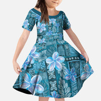 Cyan Hawaii Plumeria With Tropical Flowers Motifs Kid Short Sleeve Dress