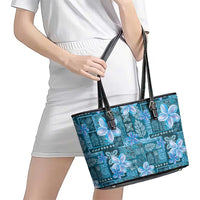 Cyan Hawaii Plumeria With Tropical Flowers Motifs Leather Tote Bag