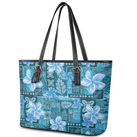 Cyan Hawaii Plumeria With Tropical Flowers Motifs Leather Tote Bag