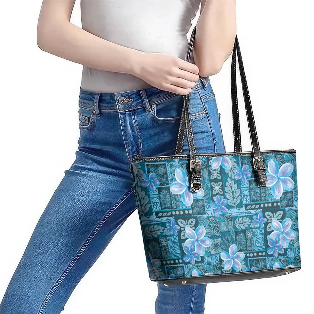 Cyan Hawaii Plumeria With Tropical Flowers Motifs Leather Tote Bag