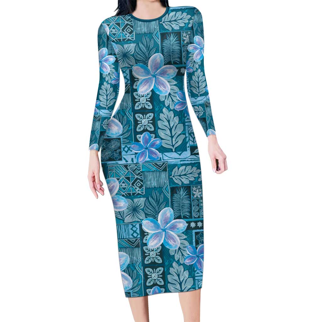 Cyan Hawaii Plumeria With Tropical Flowers Motifs Long Sleeve Bodycon Dress