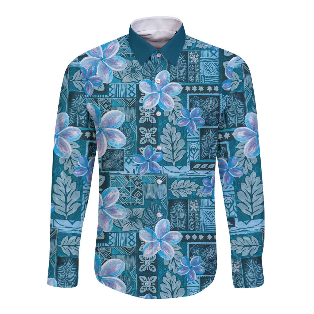 Cyan Hawaii Plumeria With Tropical Flowers Motifs Long Sleeve Button Shirt