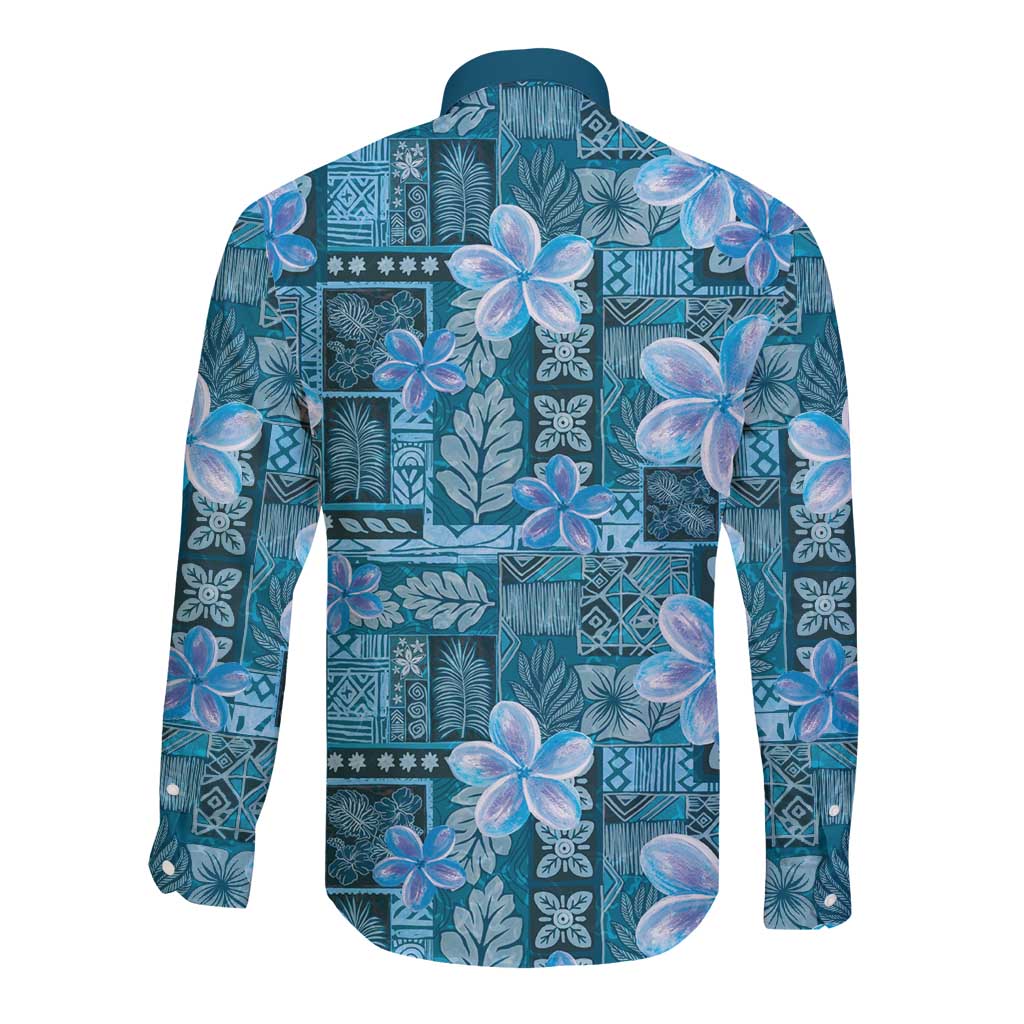 Cyan Hawaii Plumeria With Tropical Flowers Motifs Long Sleeve Button Shirt