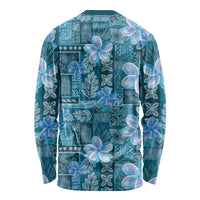 Cyan Hawaii Plumeria With Tropical Flowers Motifs Long Sleeve Shirt