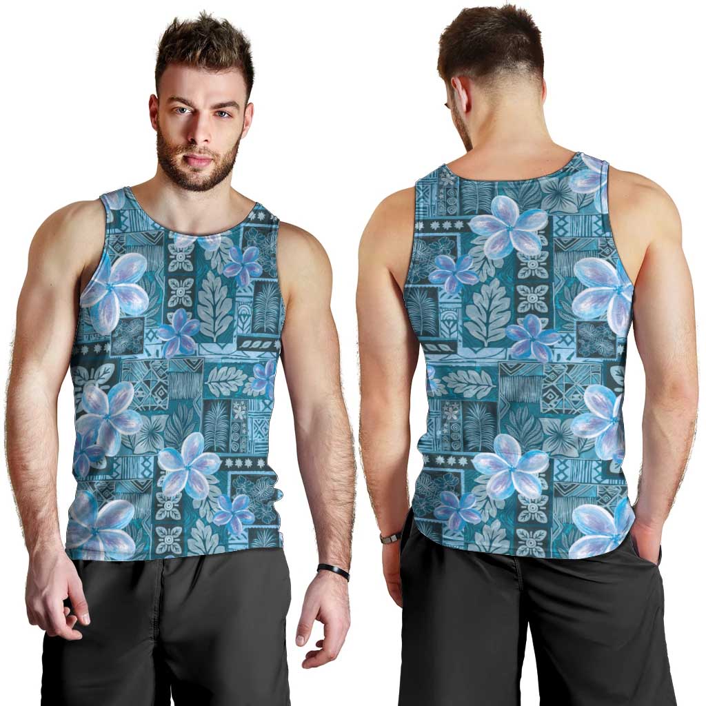 Cyan Hawaii Plumeria With Tropical Flowers Motifs Men Tank Top