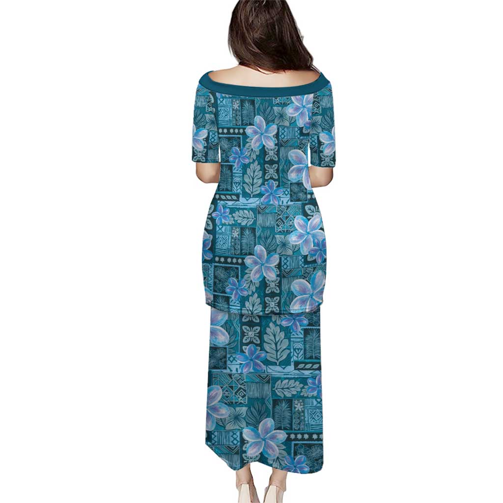 Cyan Hawaii Plumeria With Tropical Flowers Motifs Puletasi