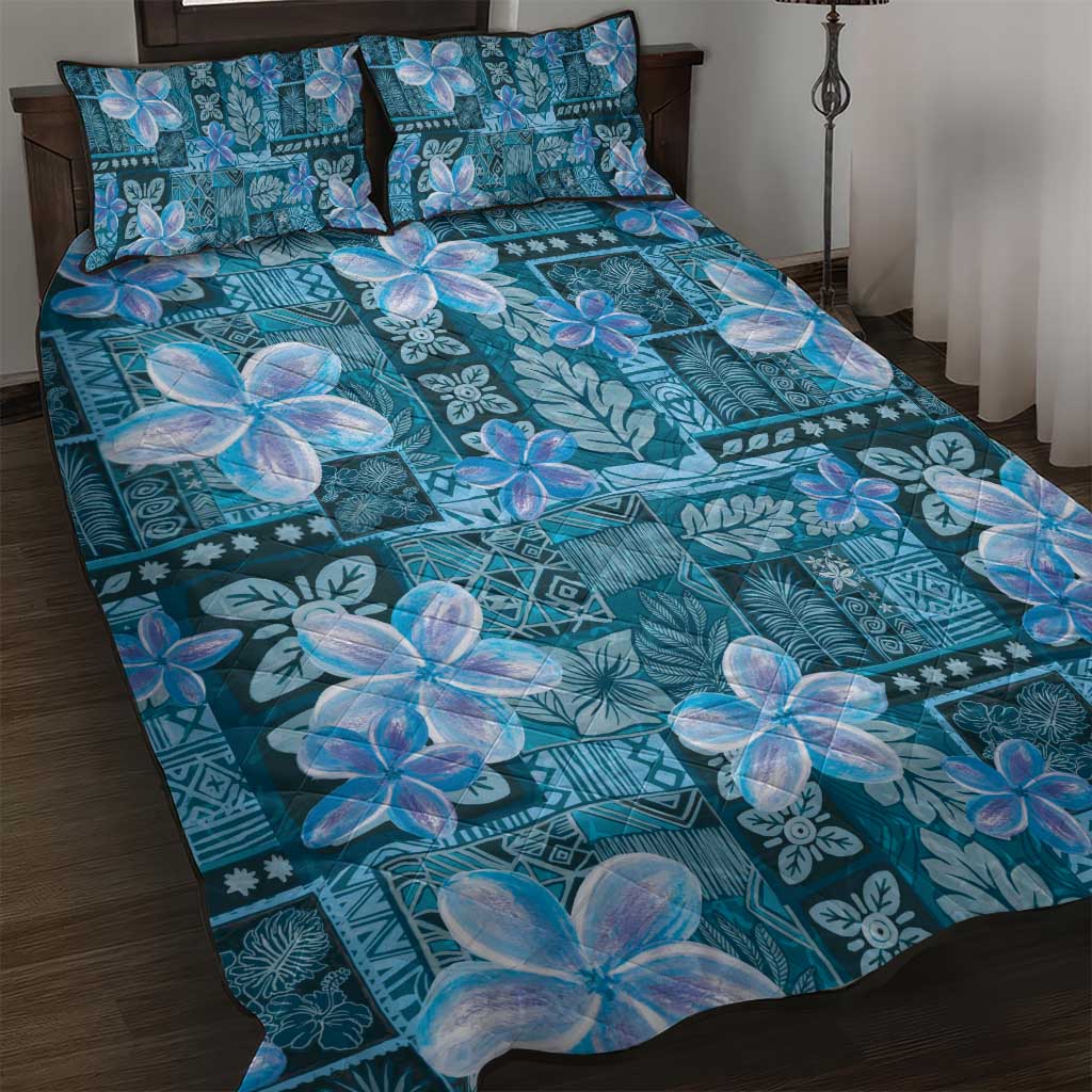 Cyan Hawaii Plumeria With Tropical Flowers Motifs Quilt Bed Set