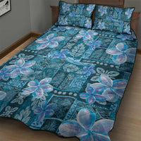 Cyan Hawaii Plumeria With Tropical Flowers Motifs Quilt Bed Set