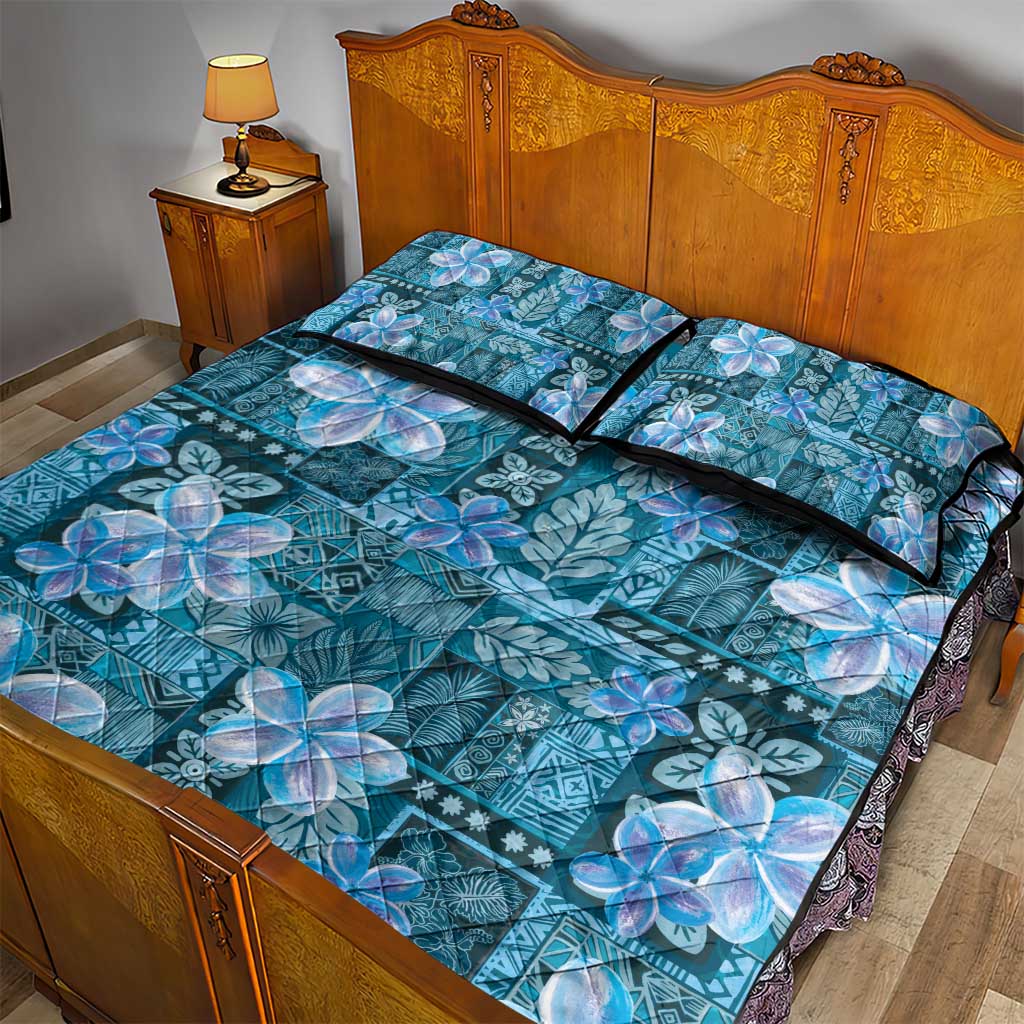 Cyan Hawaii Plumeria With Tropical Flowers Motifs Quilt Bed Set