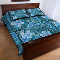 Cyan Hawaii Plumeria With Tropical Flowers Motifs Quilt Bed Set