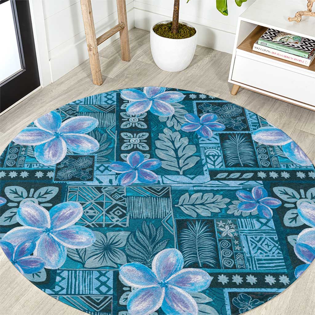 Cyan Hawaii Plumeria With Tropical Flowers Motifs Round Carpet