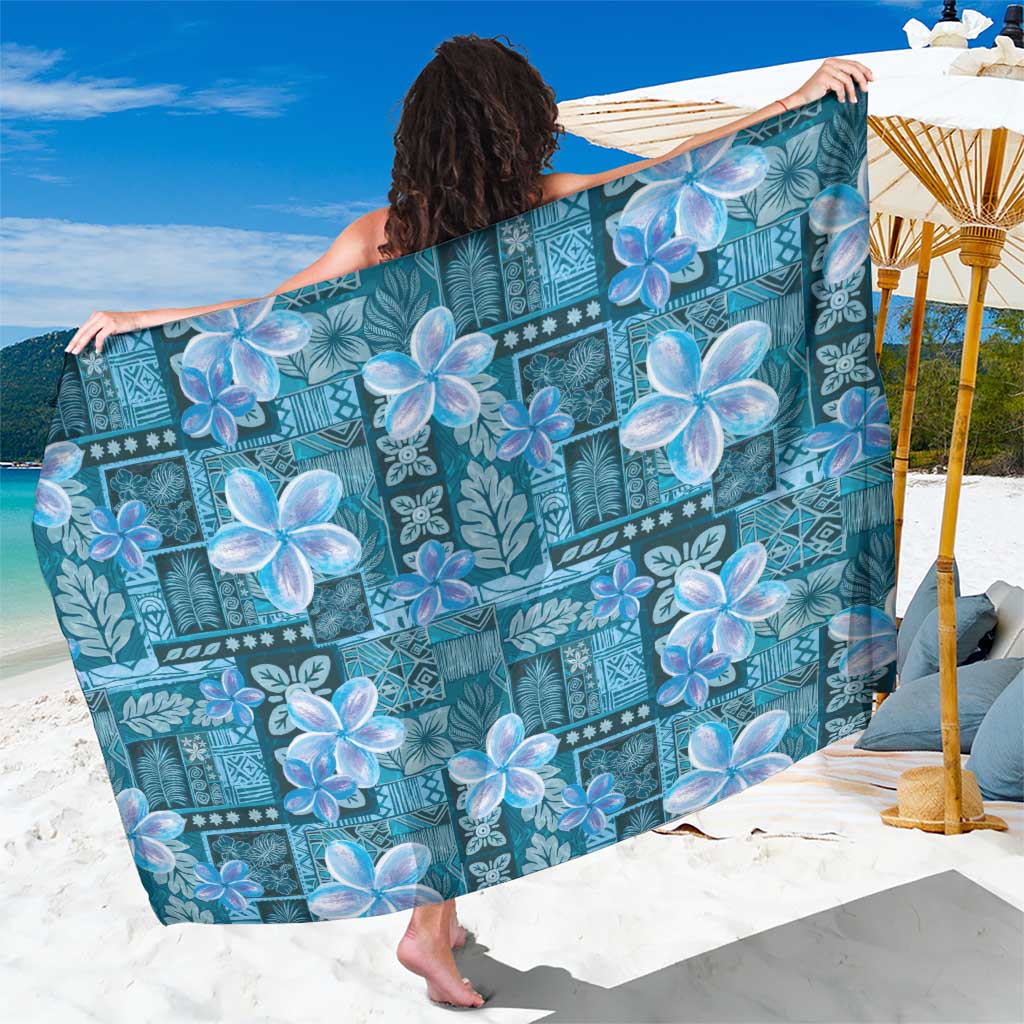 Cyan Hawaii Plumeria With Tropical Flowers Motifs Sarong