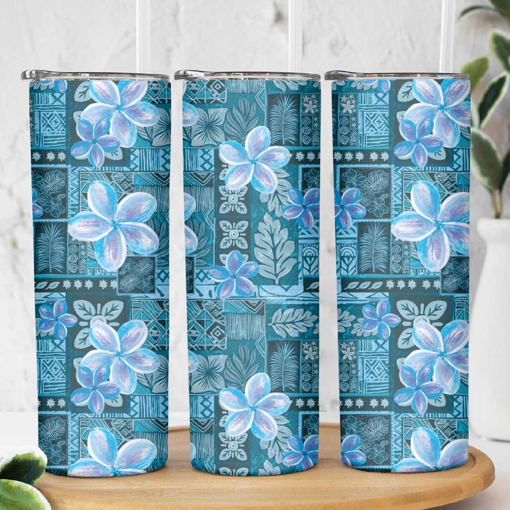 Cyan Hawaii Plumeria With Tropical Flowers Motifs Skinny Tumbler