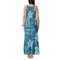 Cyan Hawaii Plumeria With Tropical Flowers Motifs Tank Maxi Dress
