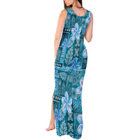 Cyan Hawaii Plumeria With Tropical Flowers Motifs Tank Maxi Dress