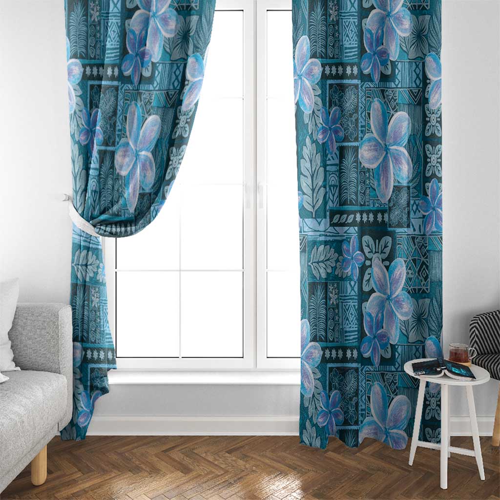 Cyan Hawaii Plumeria With Tropical Flowers Motifs Window Curtain