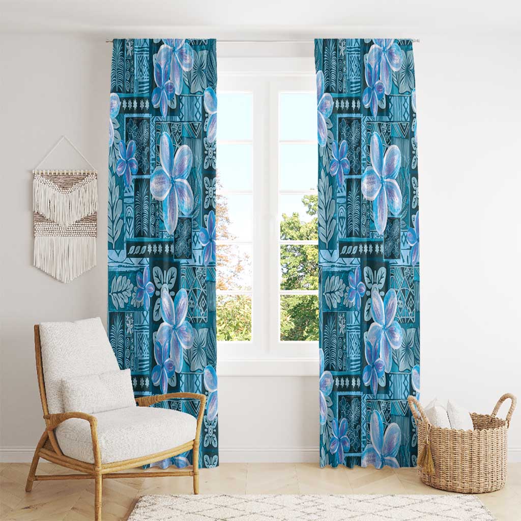 Cyan Hawaii Plumeria With Tropical Flowers Motifs Window Curtain