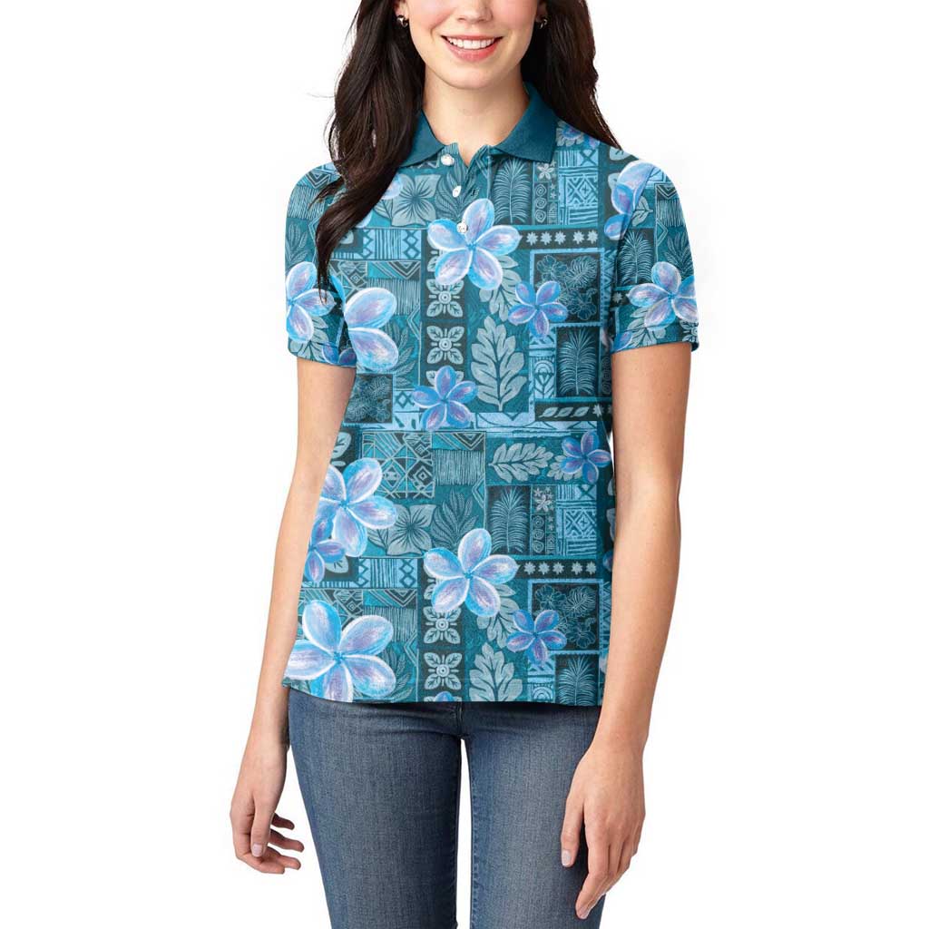 Cyan Hawaii Plumeria With Tropical Flowers Motifs Women Polo Shirt