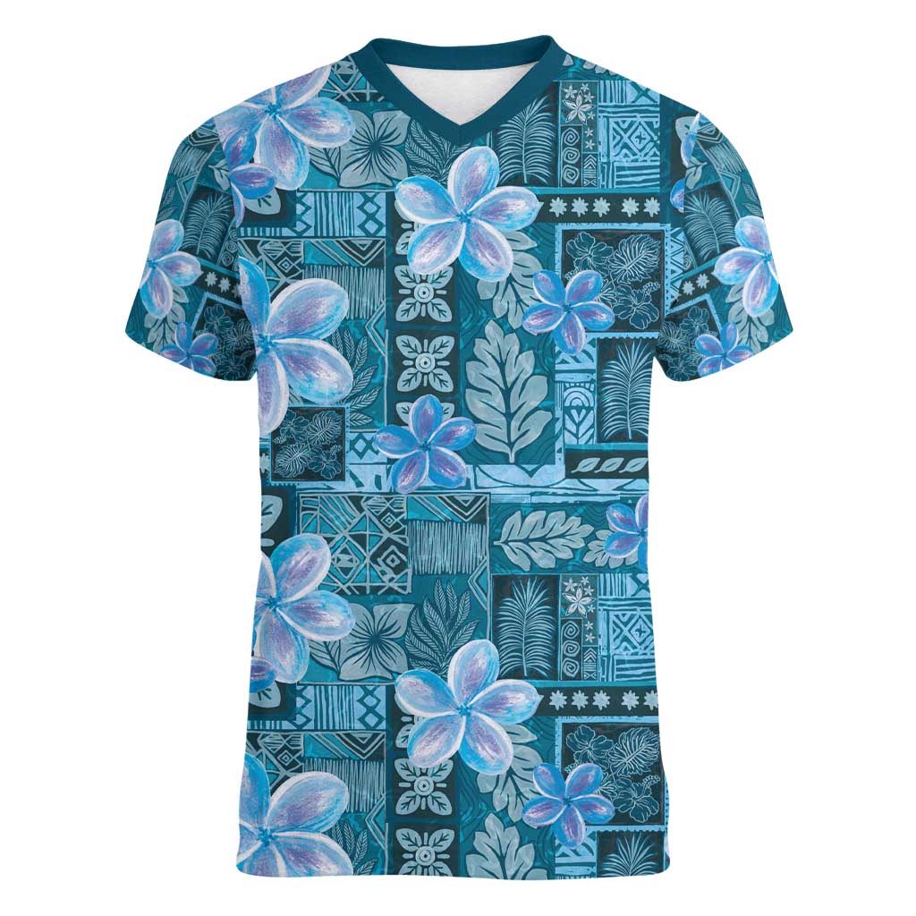 Cyan Hawaii Plumeria With Tropical Flowers Motifs Women V-Neck T-Shirt