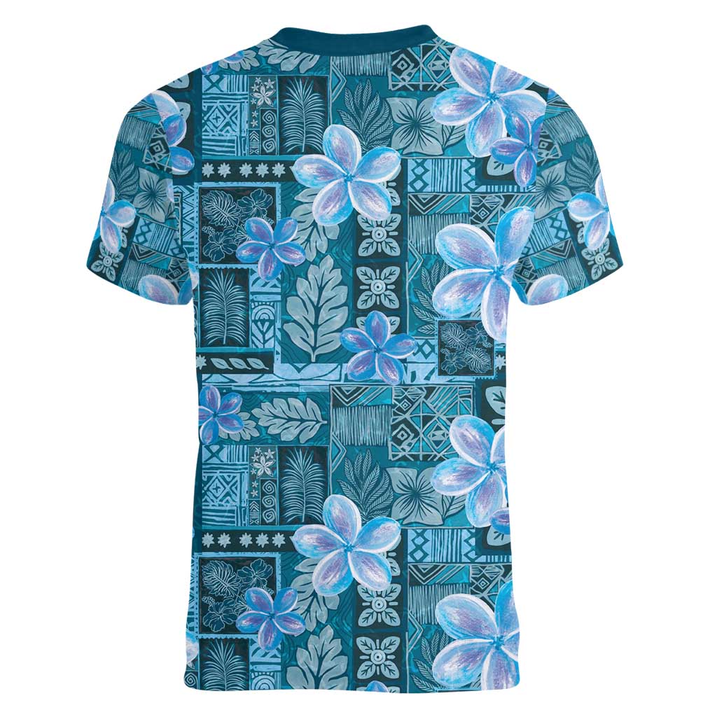 Cyan Hawaii Plumeria With Tropical Flowers Motifs Women V-Neck T-Shirt