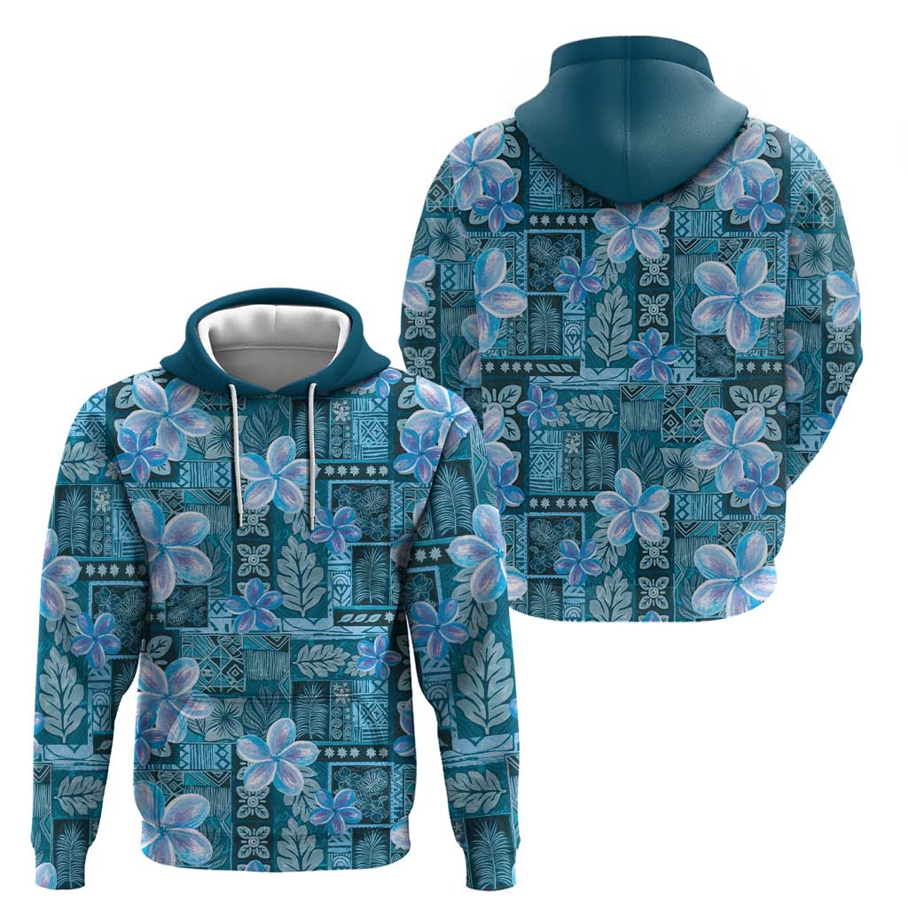 Cyan Hawaii Plumeria With Tropical Flowers Motifs Zip Hoodie