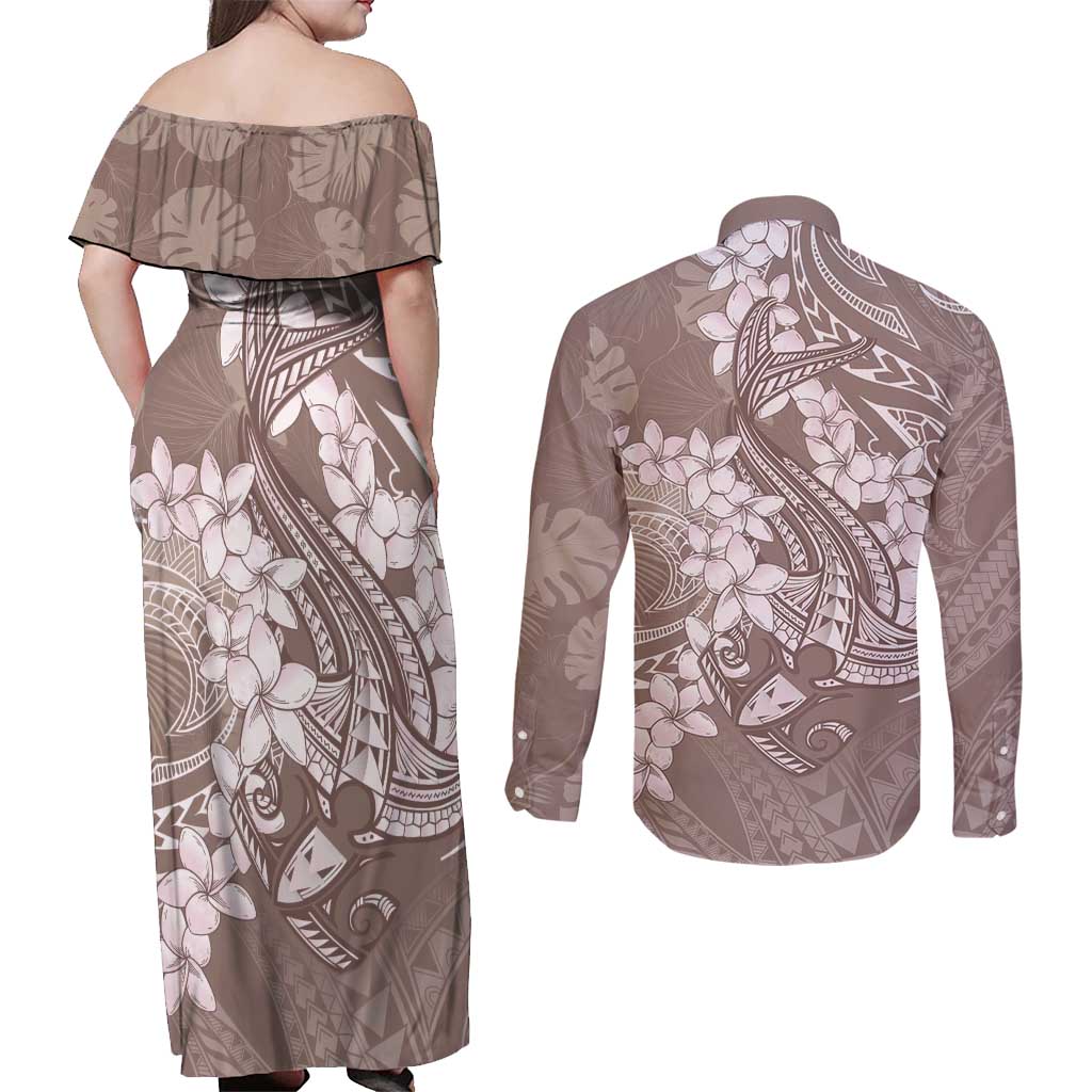 Polynesia Hammerhead Shark Tattoo With Plumeria Lei Couples Matching Off Shoulder Maxi Dress and Long Sleeve Button Shirt LT14 - Polynesian Pride