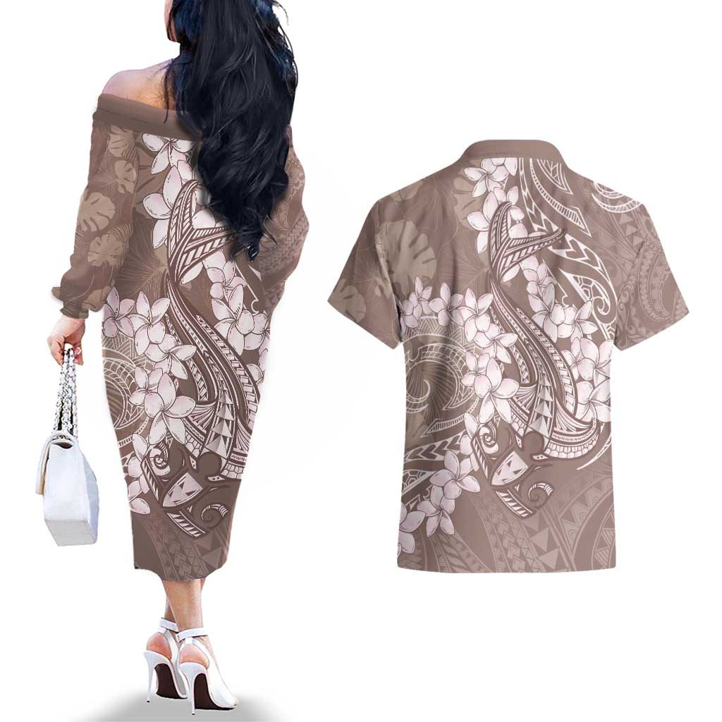 Polynesia Hammerhead Shark Tattoo With Plumeria Lei Couples Matching Off The Shoulder Long Sleeve Dress and Hawaiian Shirt