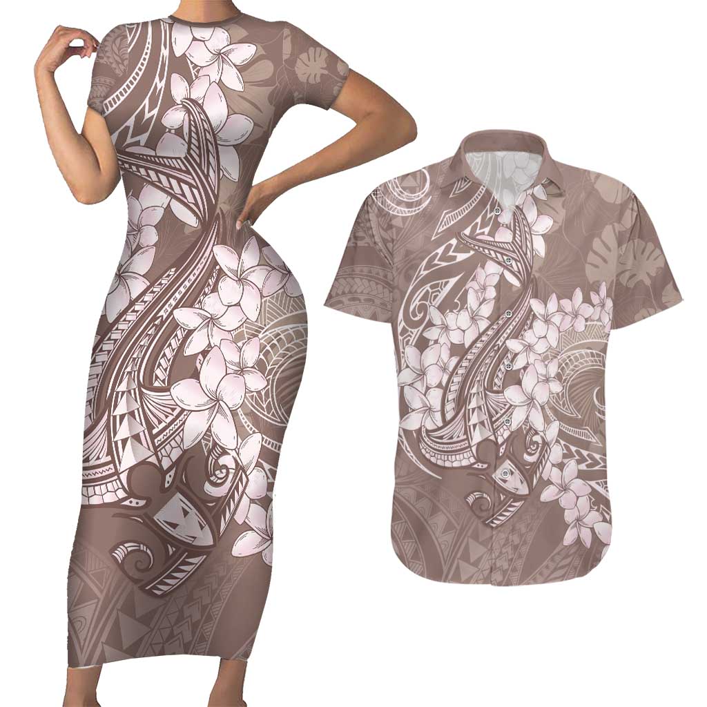 Polynesia Hammerhead Shark Tattoo With Plumeria Lei Couples Matching Short Sleeve Bodycon Dress and Hawaiian Shirt