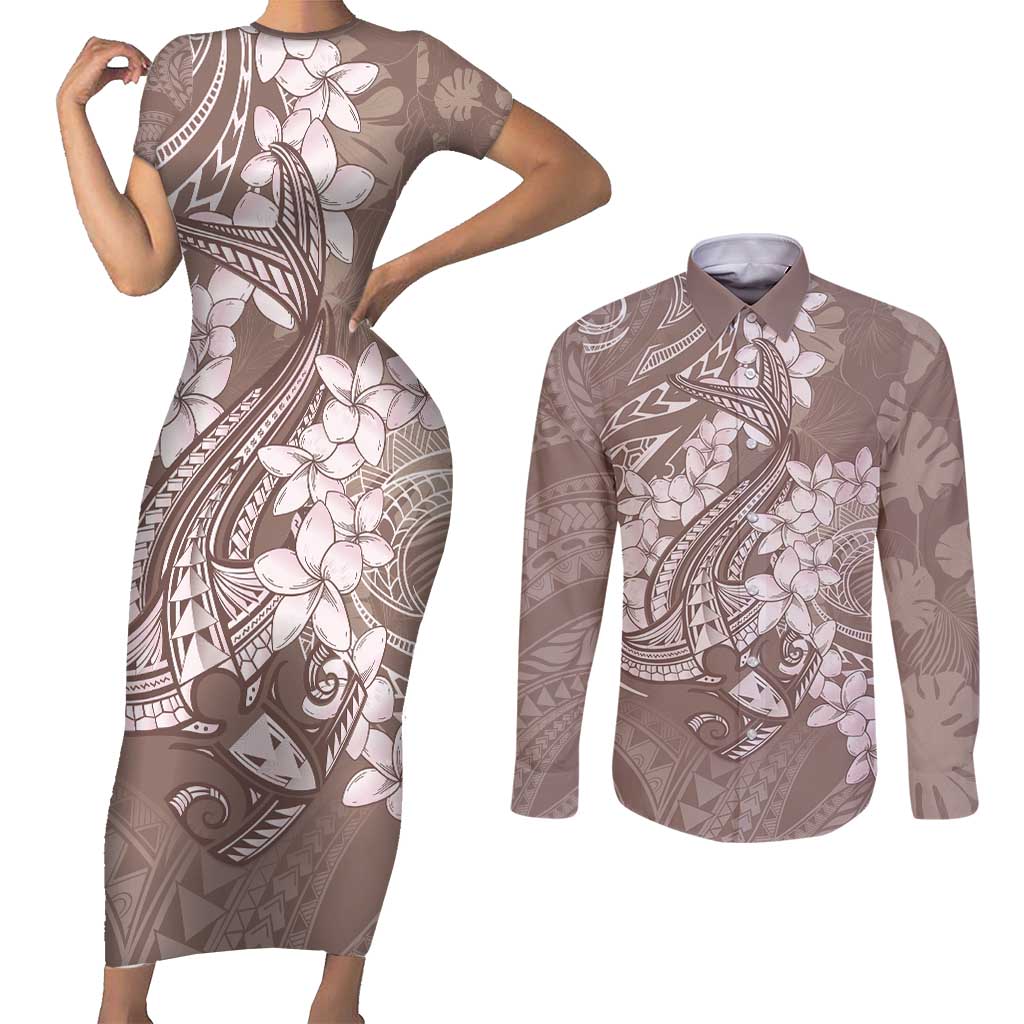 Polynesia Hammerhead Shark Tattoo With Plumeria Lei Couples Matching Short Sleeve Bodycon Dress and Long Sleeve Button Shirt