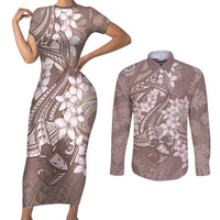 Polynesia Hammerhead Shark Tattoo With Plumeria Lei Couples Matching Short Sleeve Bodycon Dress and Long Sleeve Button Shirt