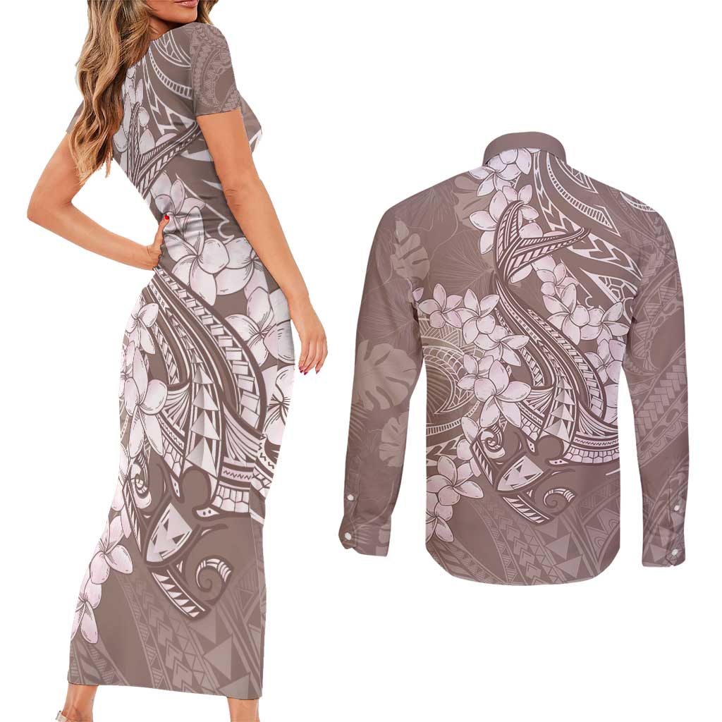 Polynesia Hammerhead Shark Tattoo With Plumeria Lei Couples Matching Short Sleeve Bodycon Dress and Long Sleeve Button Shirt