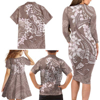 Polynesia Hammerhead Shark Tattoo With Plumeria Lei Family Matching Long Sleeve Bodycon Dress and Hawaiian Shirt