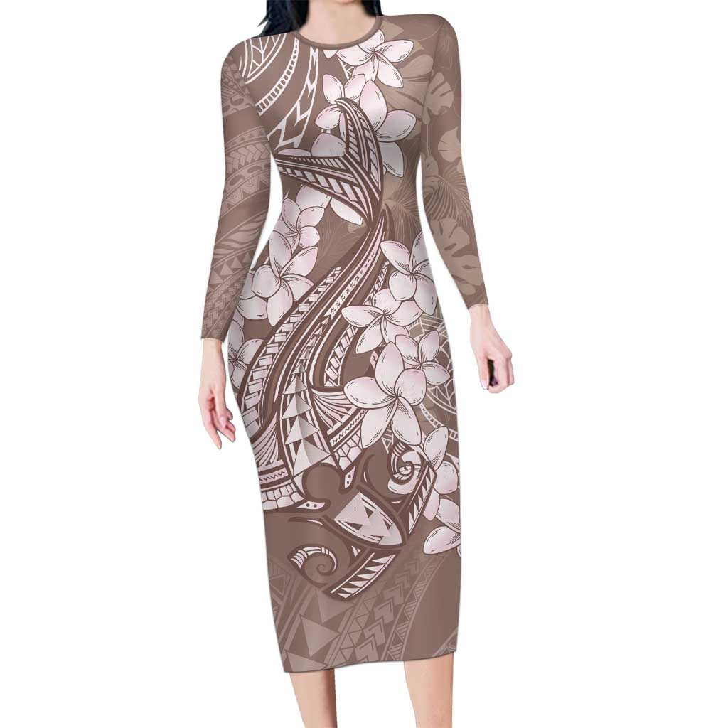 Polynesia Hammerhead Shark Tattoo With Plumeria Lei Family Matching Long Sleeve Bodycon Dress and Hawaiian Shirt