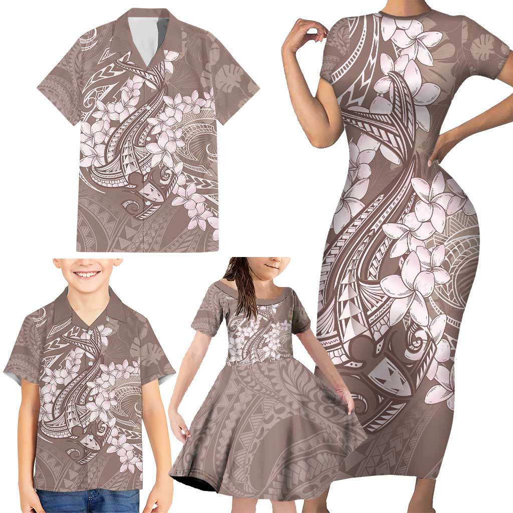 Polynesia Hammerhead Shark Tattoo With Plumeria Lei Family Matching Short Sleeve Bodycon Dress and Hawaiian Shirt