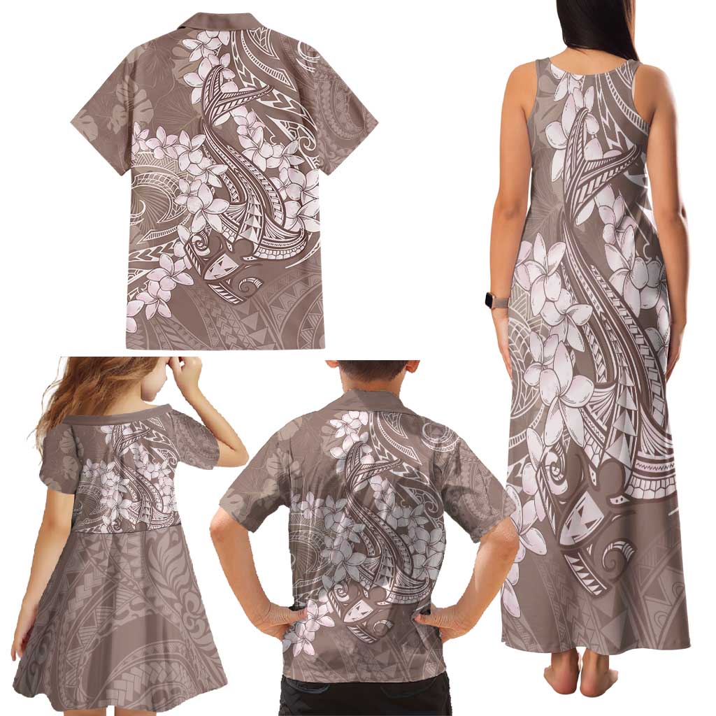 Polynesia Hammerhead Shark Tattoo With Plumeria Lei Family Matching Tank Maxi Dress and Hawaiian Shirt