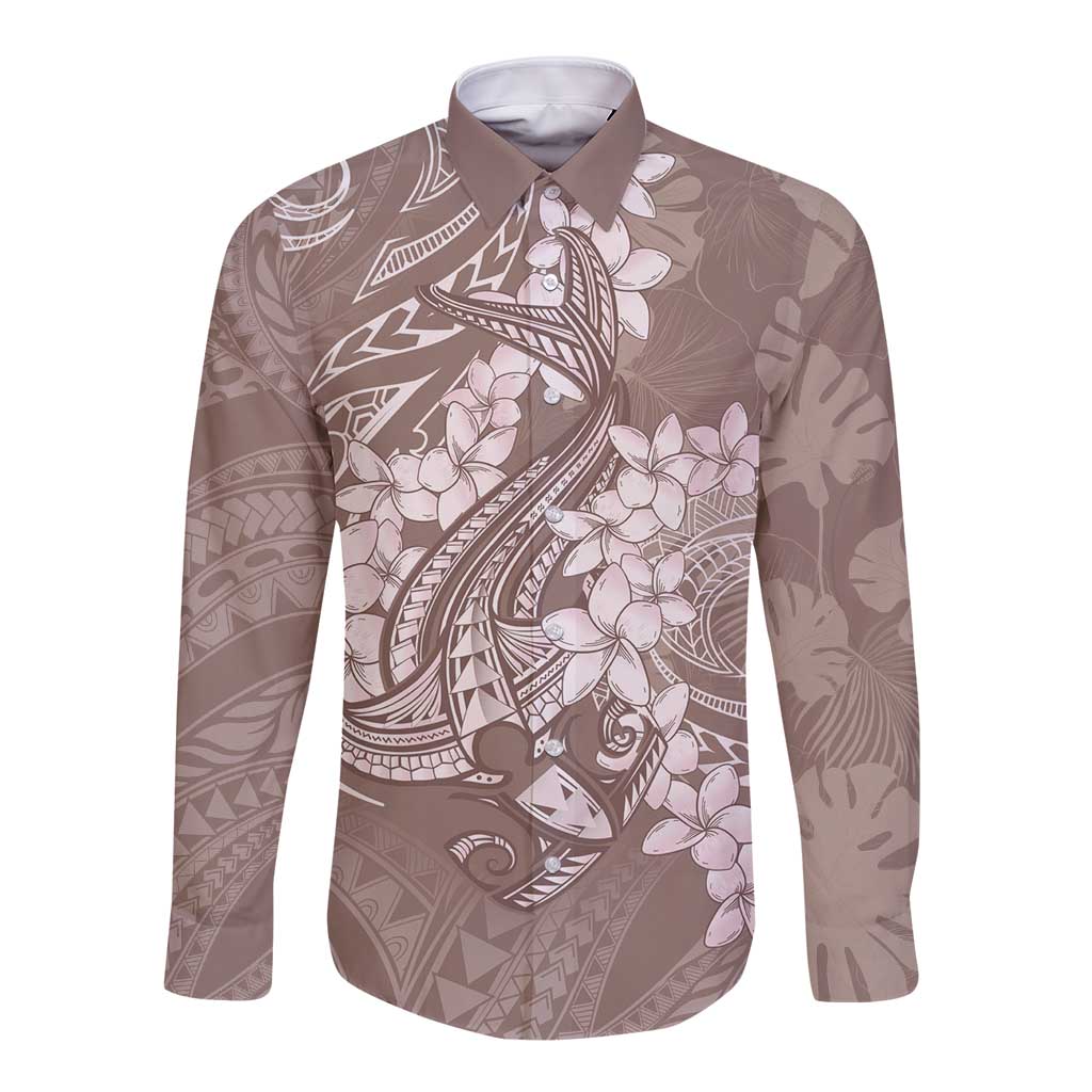 Polynesia Hammerhead Shark Tattoo With Plumeria Lei Long Sleeve Button Shirt LT14 Unisex Mocha - Polynesian Pride