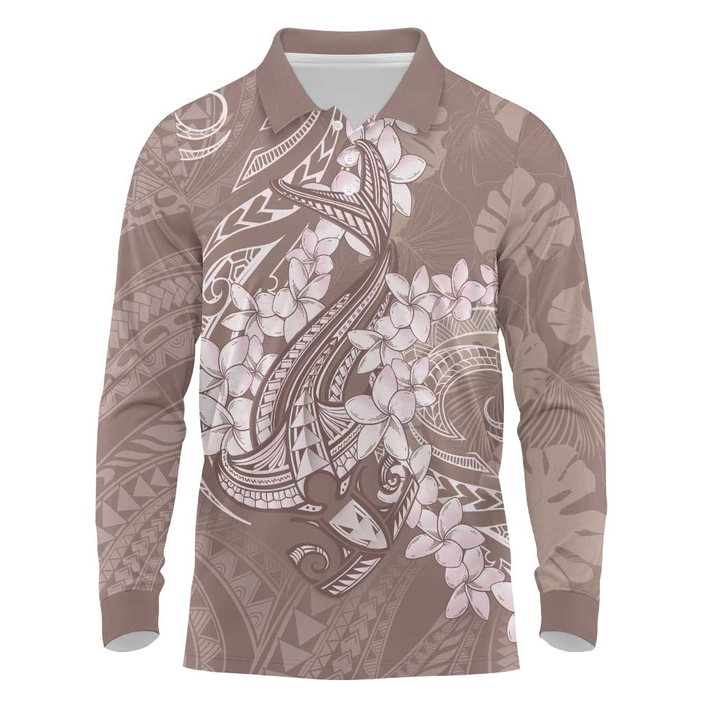 Polynesia Hammerhead Shark Tattoo With Plumeria Lei Long Sleeve Polo Shirt LT14 Mocha - Polynesian Pride