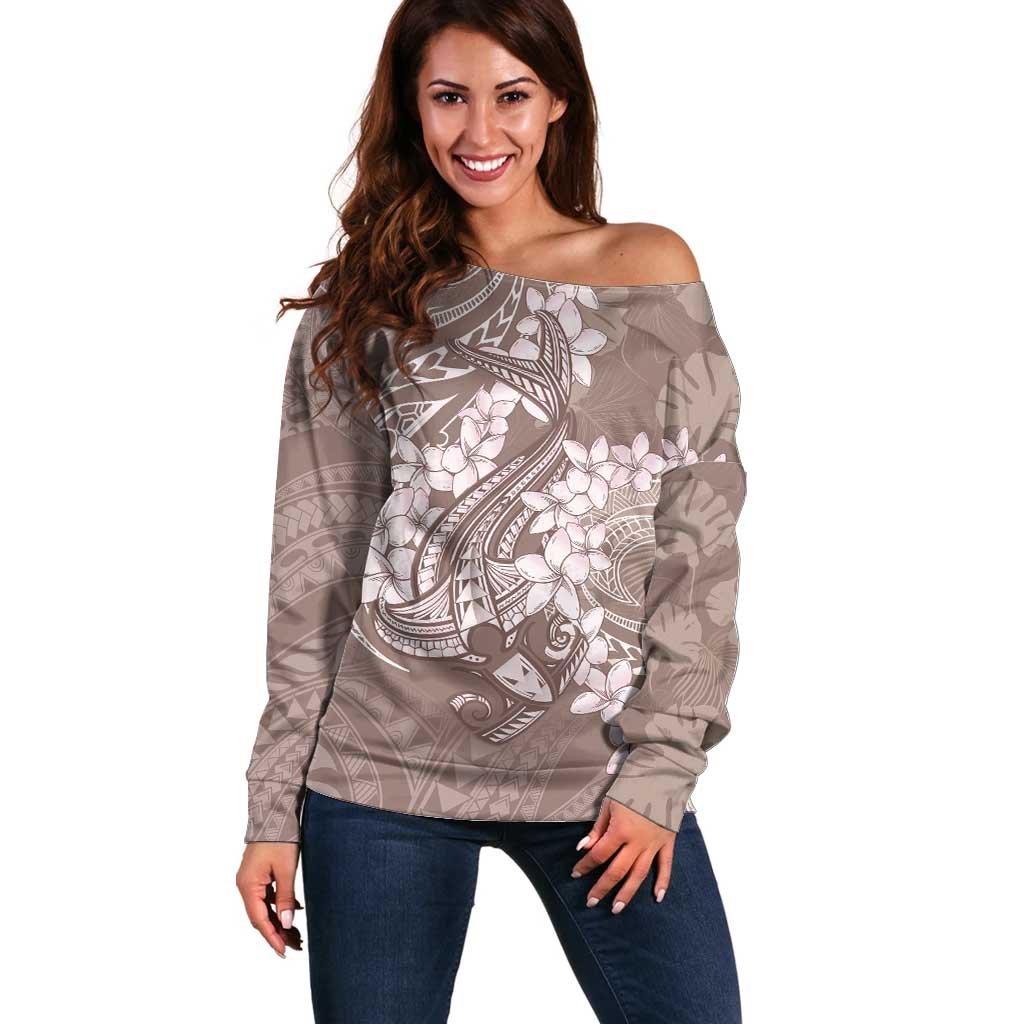 Polynesia Hammerhead Shark Tattoo With Plumeria Lei Off Shoulder Sweater LT14 Women Mocha - Polynesian Pride