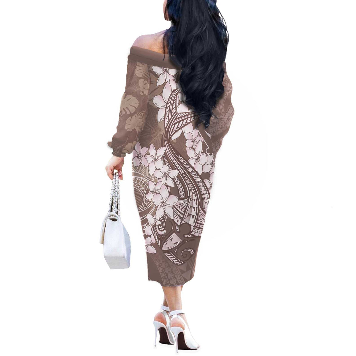 Polynesia Hammerhead Shark Tattoo With Plumeria Lei Off The Shoulder Long Sleeve Dress