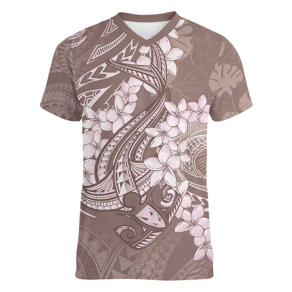 Polynesia Hammerhead Shark Tattoo With Plumeria Lei Women V-Neck T-Shirt LT14 Female Mocha - Polynesian Pride