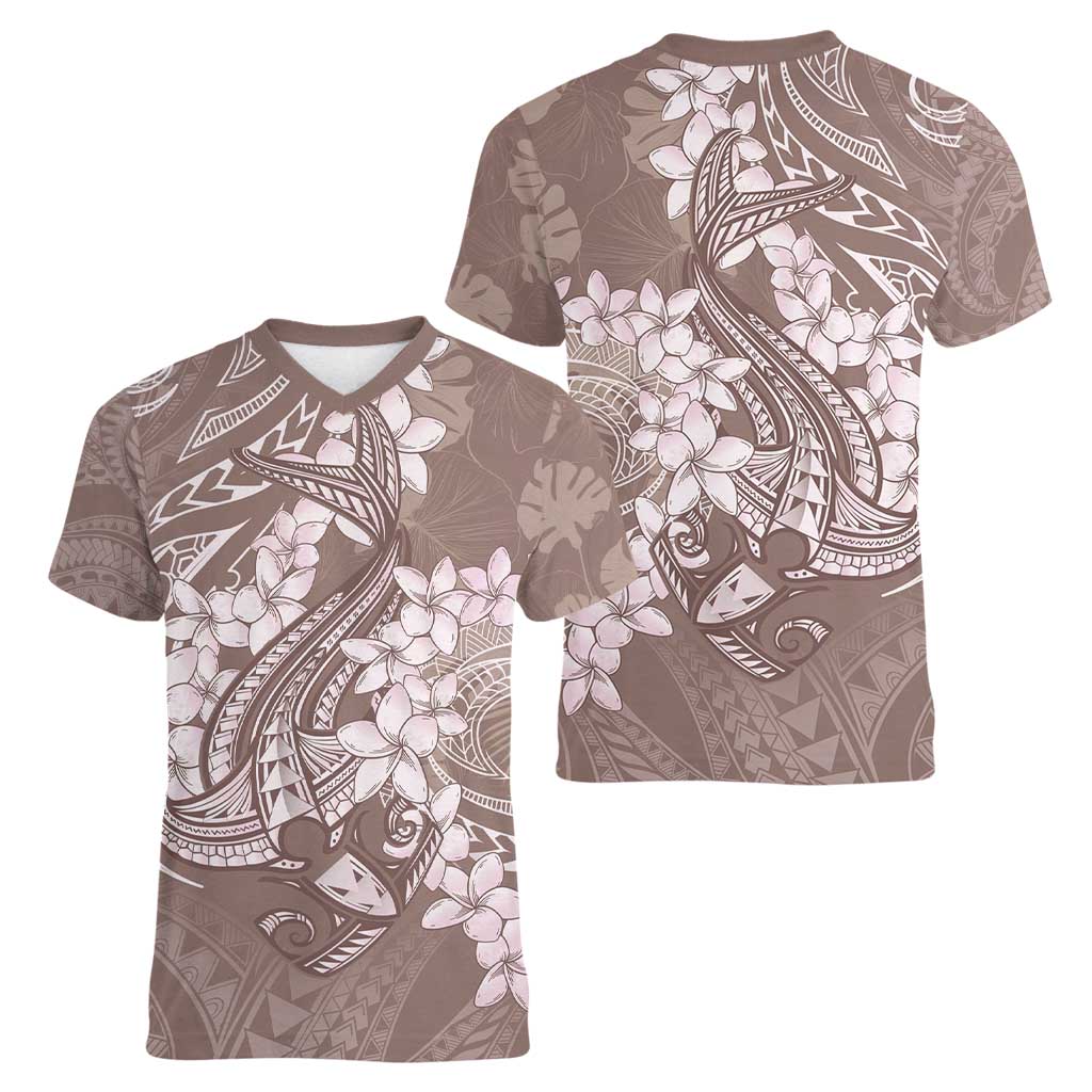 Polynesia Hammerhead Shark Tattoo With Plumeria Lei Women V-Neck T-Shirt