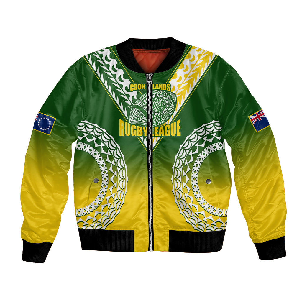 Personalised Cook Islands Rugby Bomber Jacket Pacific Go The Kukis Gradient Style LT14 Unisex Green - Polynesian Pride