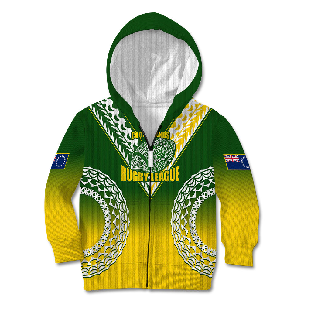 Personalised Cook Islands Rugby Kid Hoodie Pacific Go The Kukis Gradient Style LT14 Zip Hoodie Green - Polynesian Pride