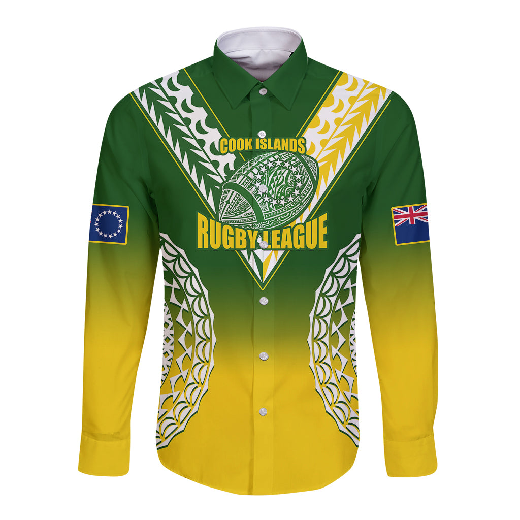 Personalised Cook Islands Rugby Long Sleeve Button Shirt Pacific Go The Kukis Gradient Style LT14 Unisex Green - Polynesian Pride