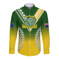 Personalised Cook Islands Rugby Long Sleeve Button Shirt Pacific Go The Kukis Gradient Style LT14 Unisex Green - Polynesian Pride