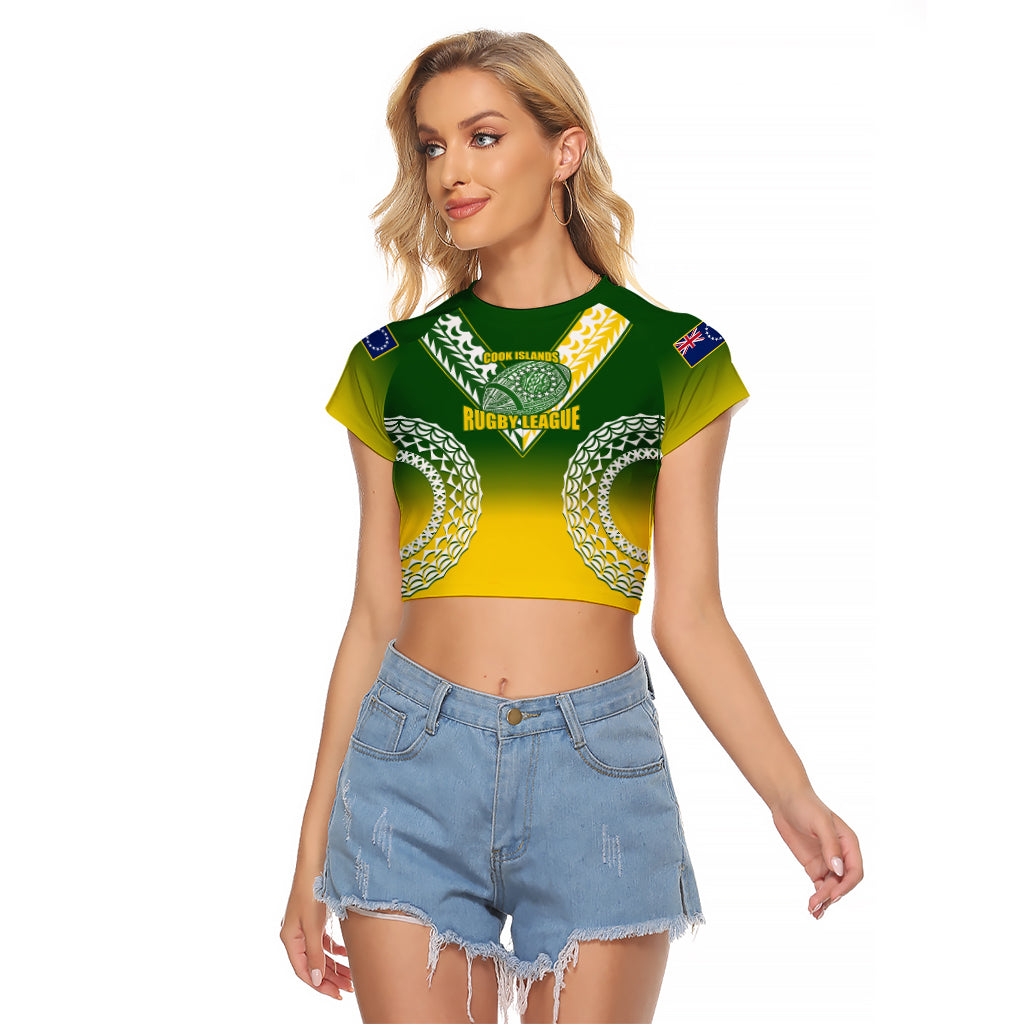 Personalised Cook Islands Rugby Raglan Cropped T Shirt Pacific Go The Kukis Gradient Style LT14 Female Green - Polynesian Pride